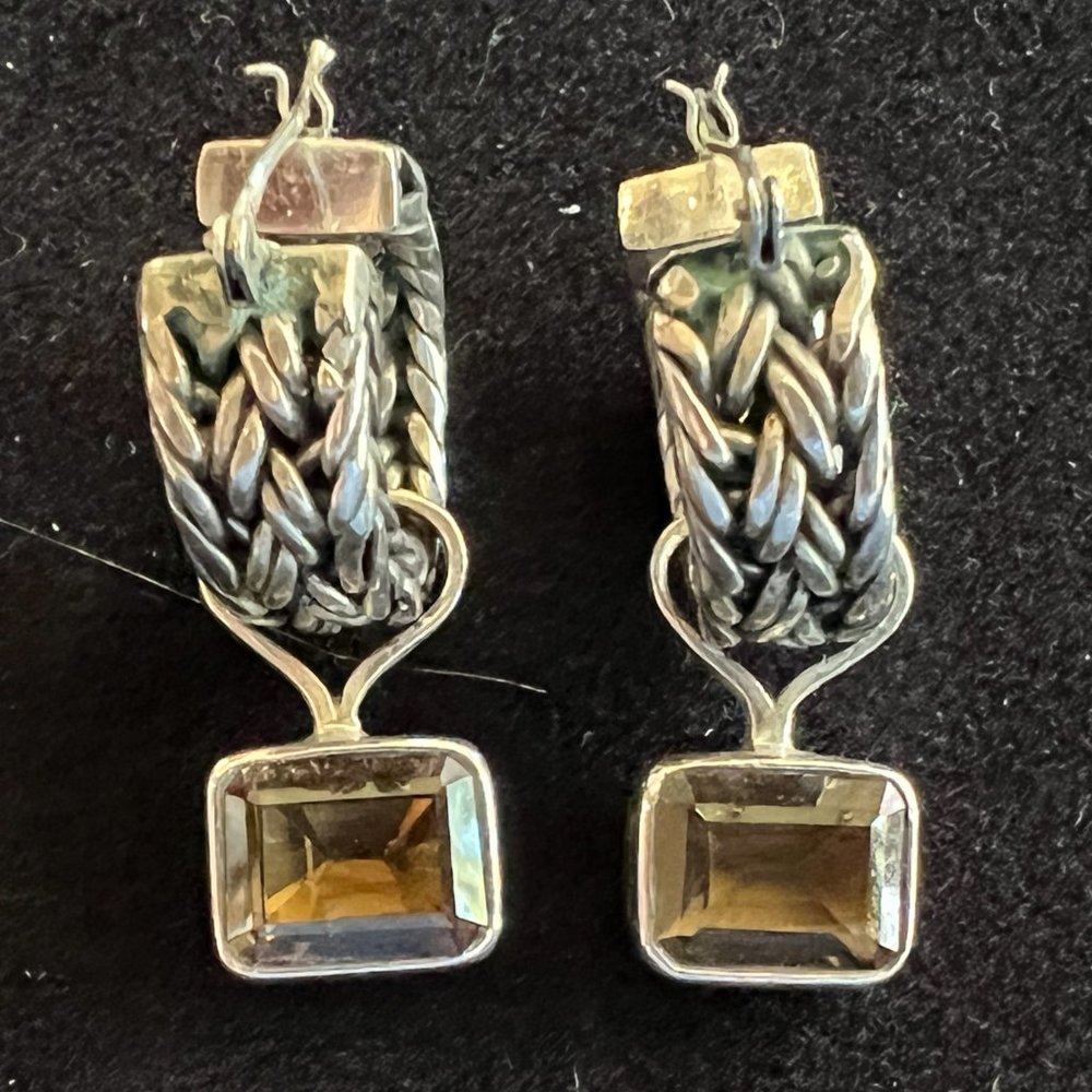 Sterling Silver Danish Designer Hoop Earrings with Topaz Crystal Drop Charms